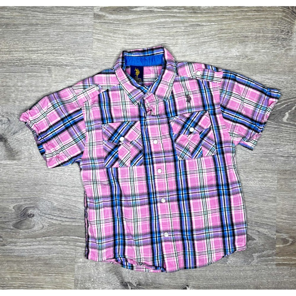 Polo Ralph Lauren Kids Boys Poplin Short Sleeve‎ Shirt Size 5/6 Pink Blue